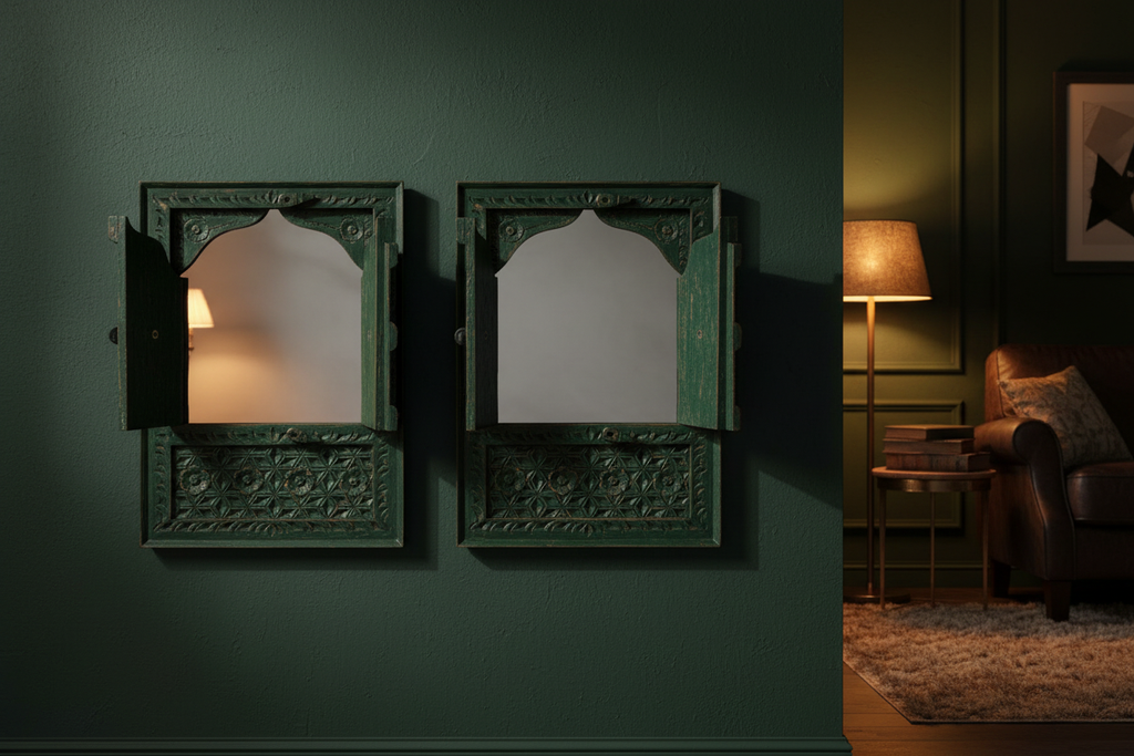Green Moroccan Jharokha mirrors – pair open in moody dark-walled room