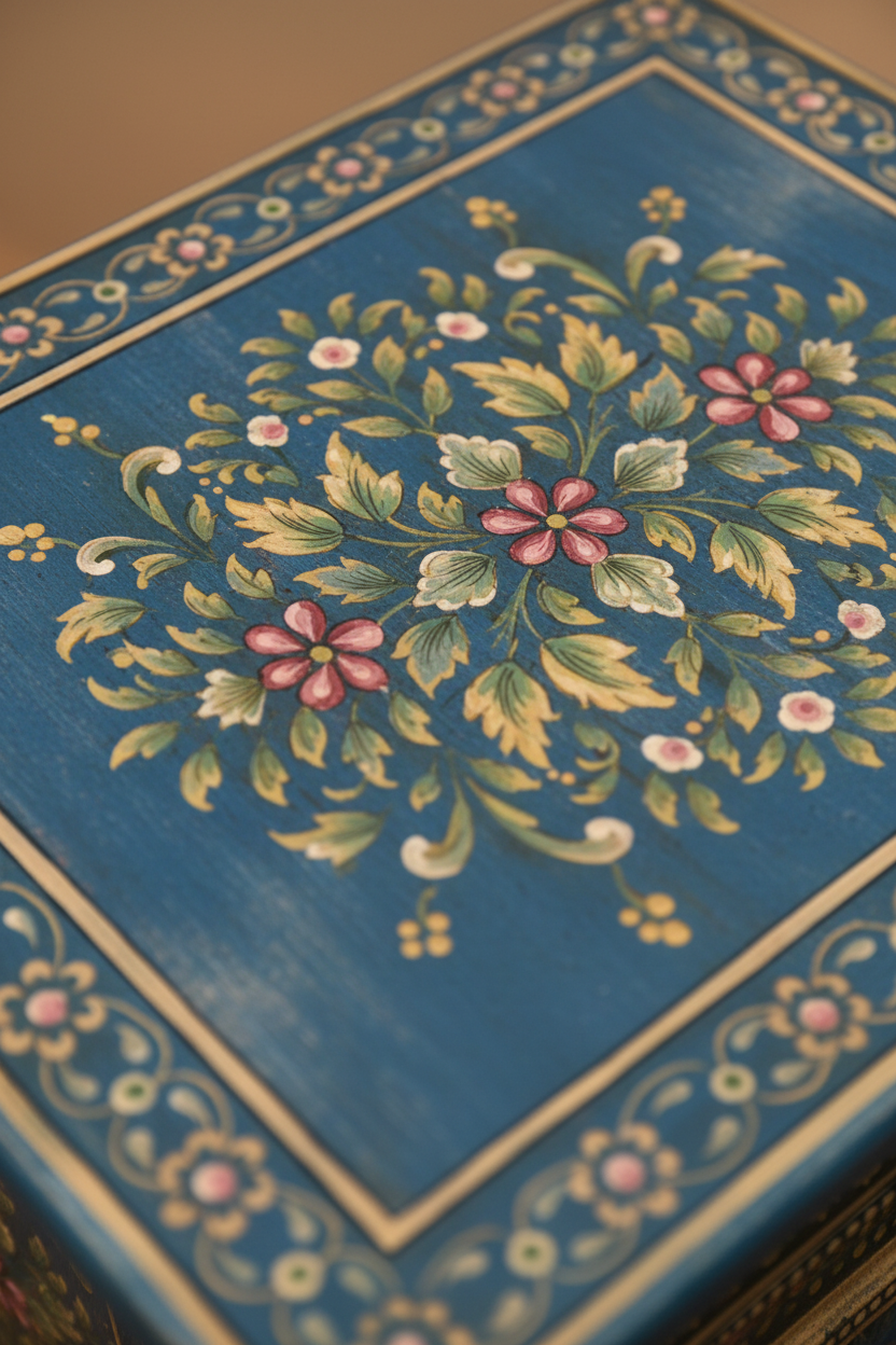 Close-up detail of hand-painted cobalt blue floral motifs and gold dot-work