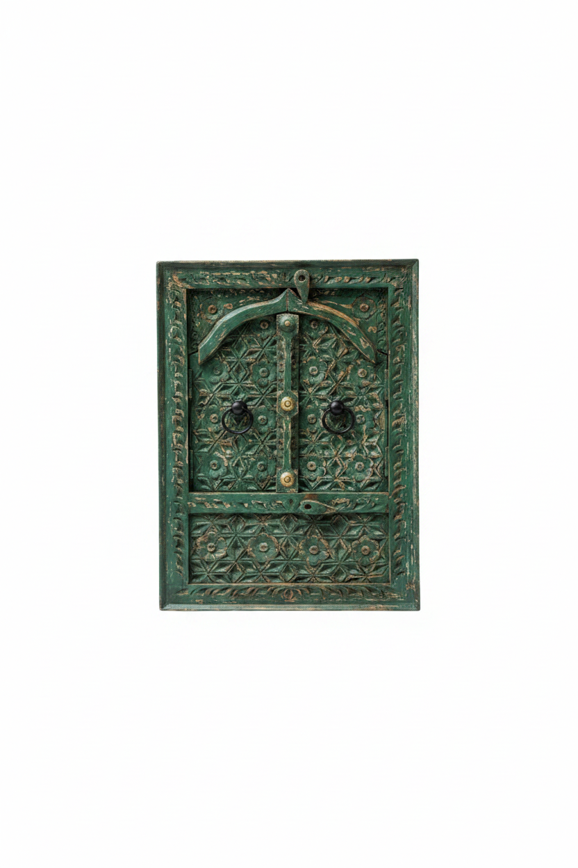 Green Moroccan Jharokha mirror single – closed front view white background