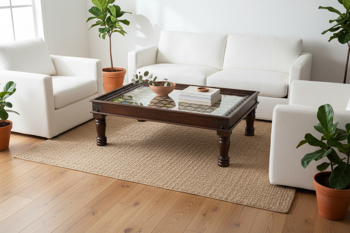 Jharokha coffee table – Scandi-bohemian bright room with white walls
