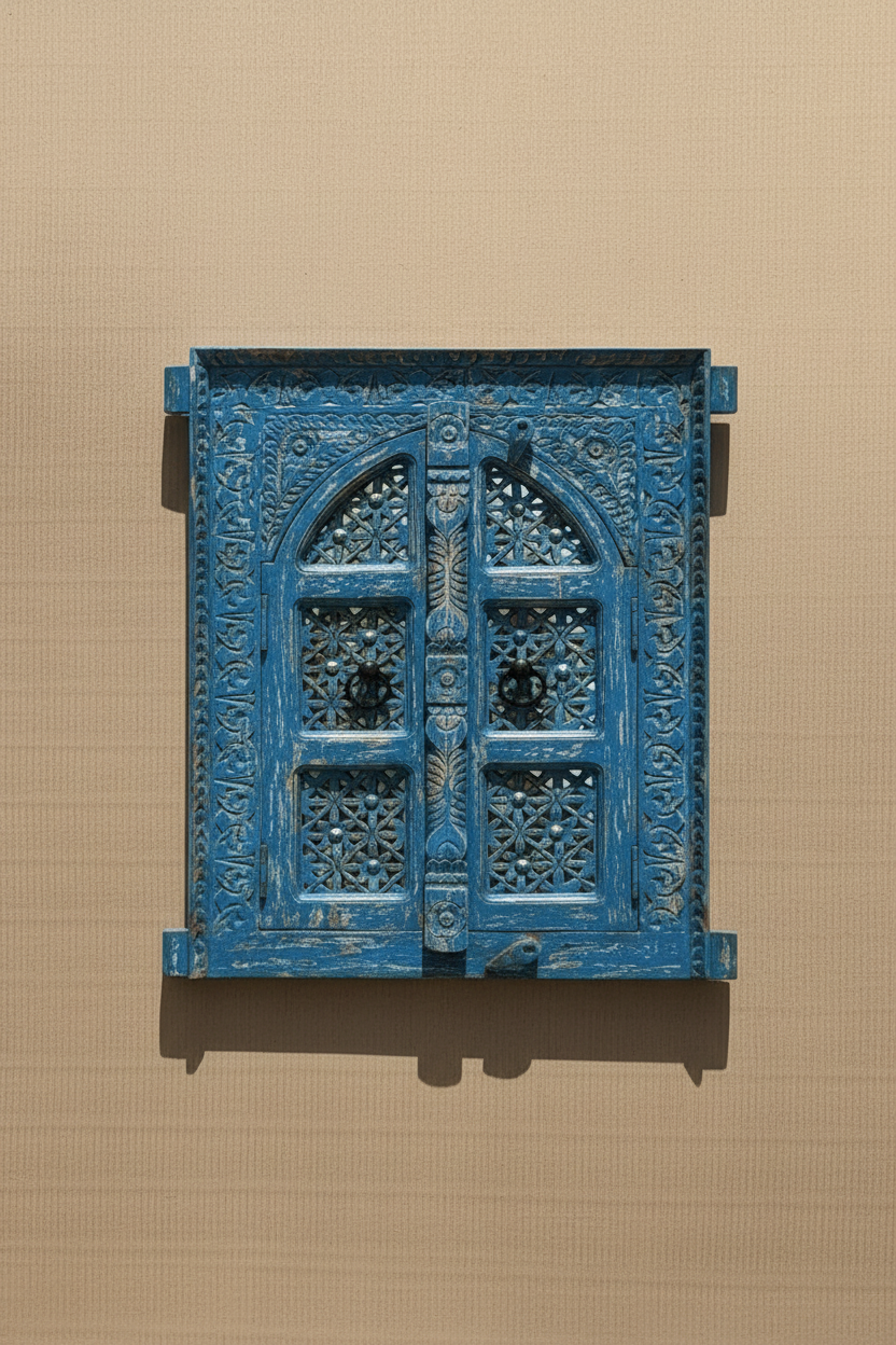 Antique cobalt blue jali window mirror – doors closed on neutral plaster wall