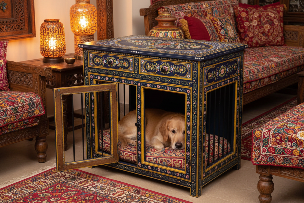 Rajasthani painted dog kennel in richly patterned living room with warm amber lamp light