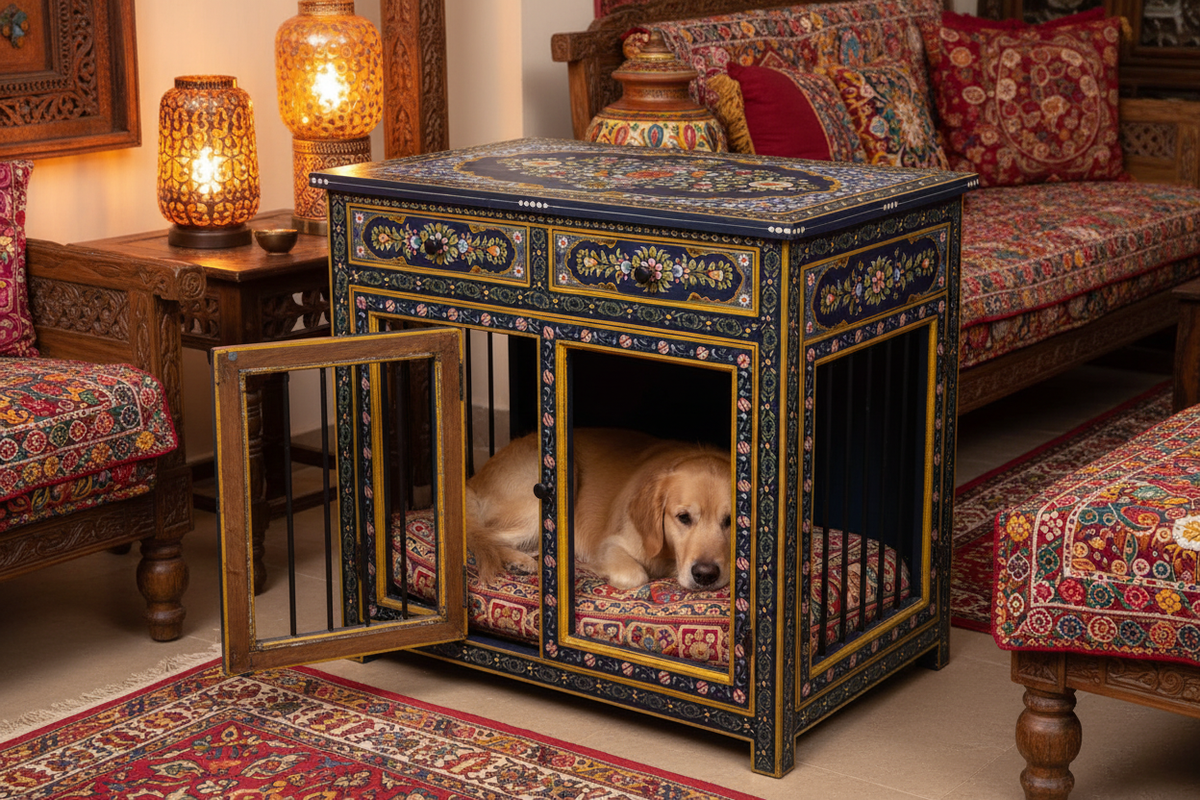 Rajasthani painted dog kennel in richly patterned living room with warm amber lamp light