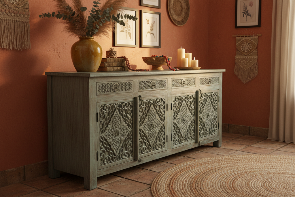Hand-carved sage teal sideboard – left angle in bohemian dining room