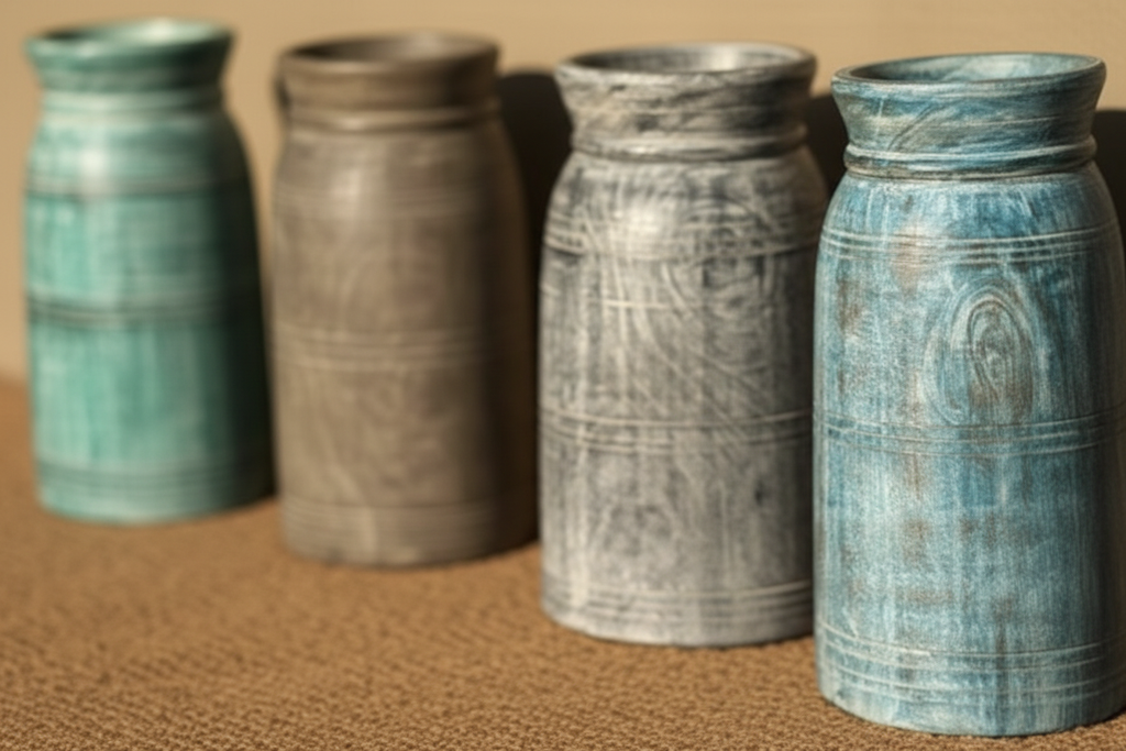 Close-up of wood grain and incised ring grooves through distressed colour-wash finishes