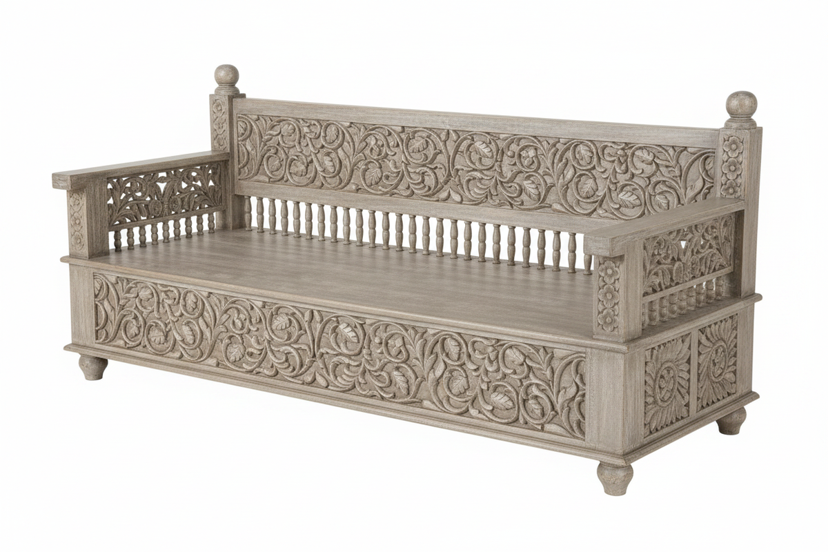 Rajasthani daybed bench – elevated three-quarter white background