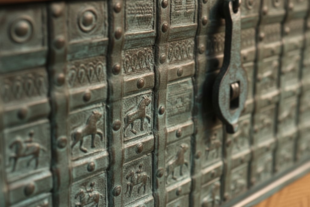 Close-up of teal-green patinated metal embossed narrative square panels with horses, deer and geometric motifs