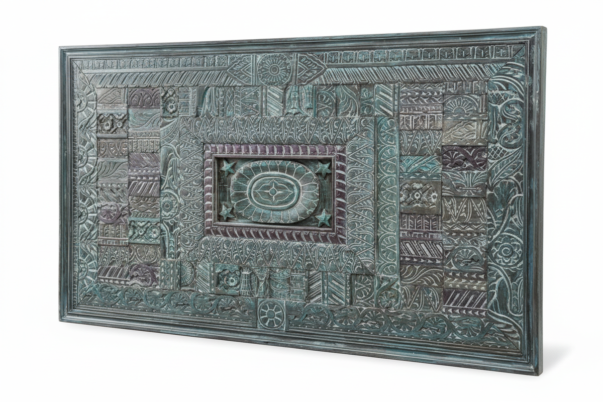 Teal carved wall panel – 3/4 angle showing panel depth white background