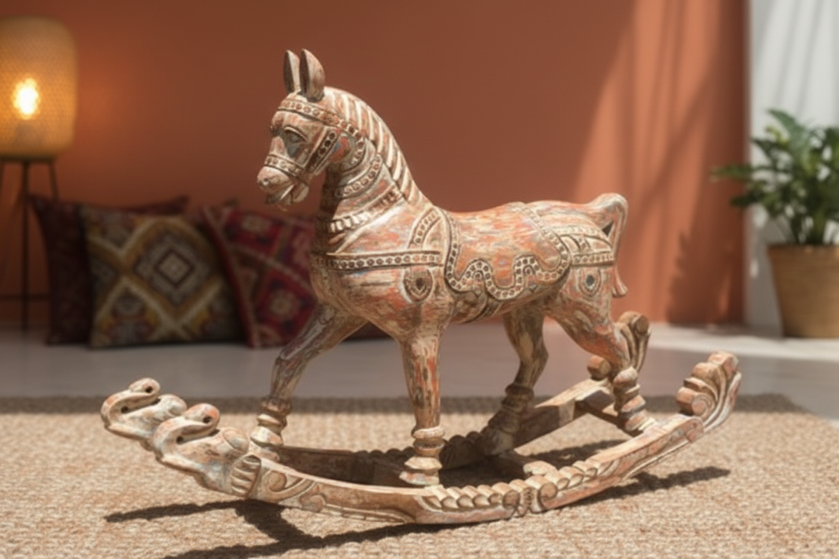 Hand-carved polychrome rocking horse – front-left angle showing elephant head rocker ends