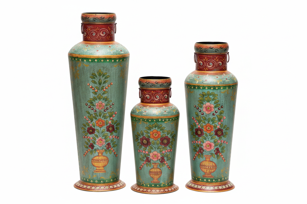 Three teal floral metal floor vases on white background
