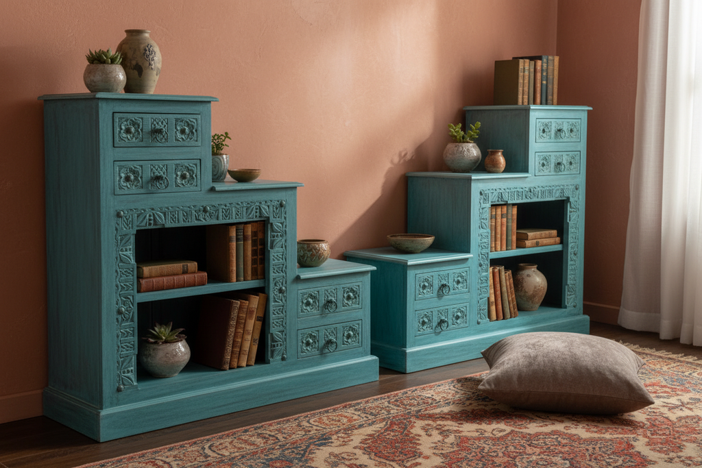 Hand-carved turquoise stepped bookcase set – left angle in bohemian living room