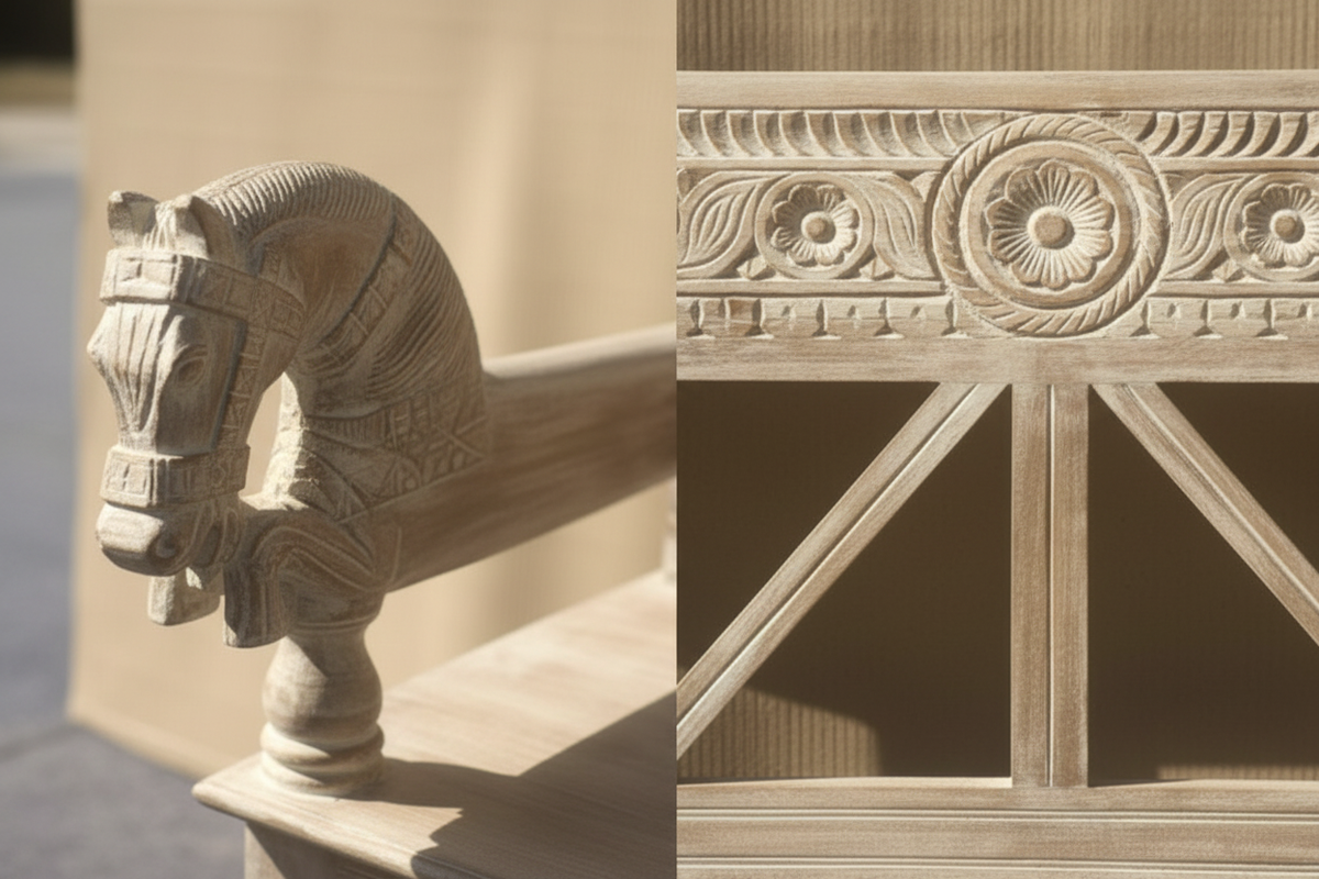 Close-up of carved rearing horse head arm terminal and rope-twist rosette frieze top rail