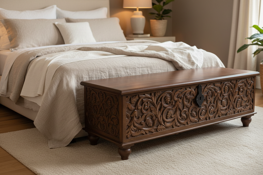 Hand-carved mango wood storage trunk – left angle at foot of bed showing side carving