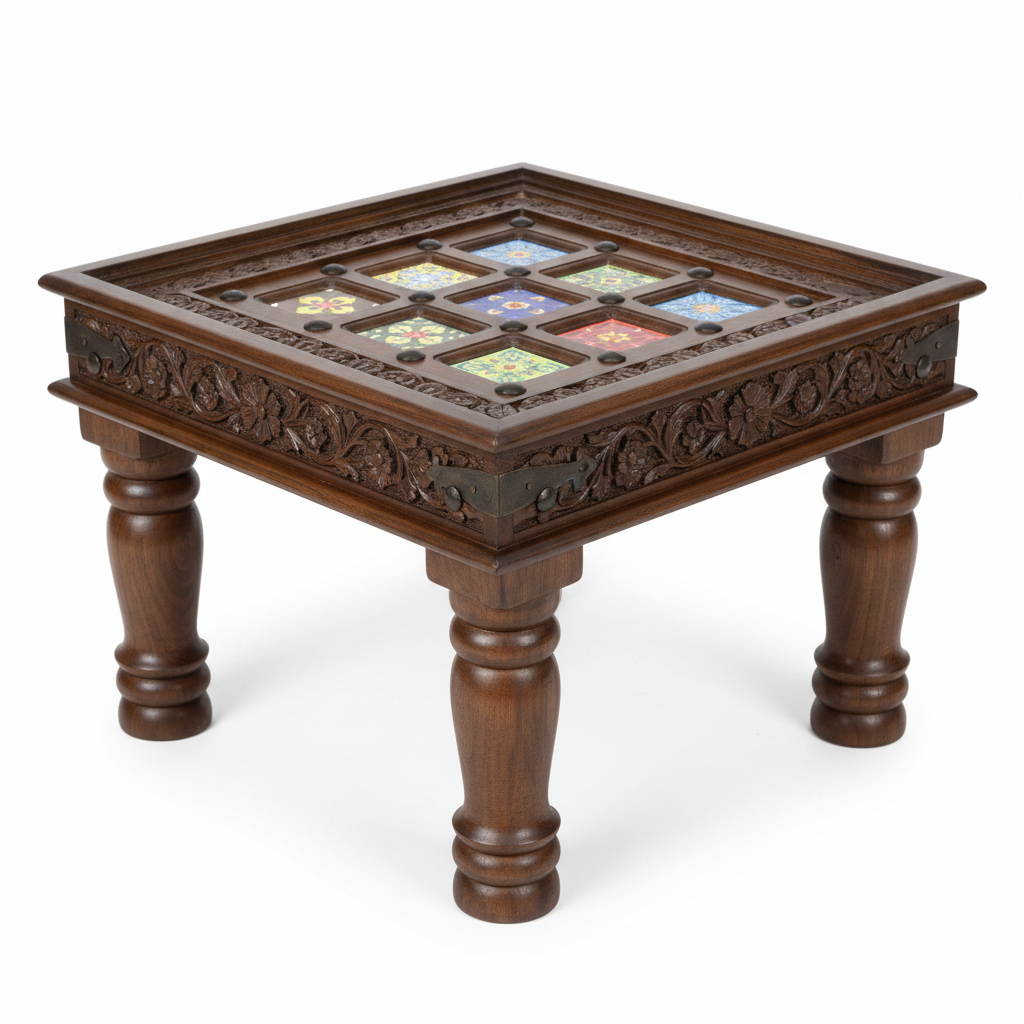 Blue Pottery tile-top side table – 45-degree angle white background