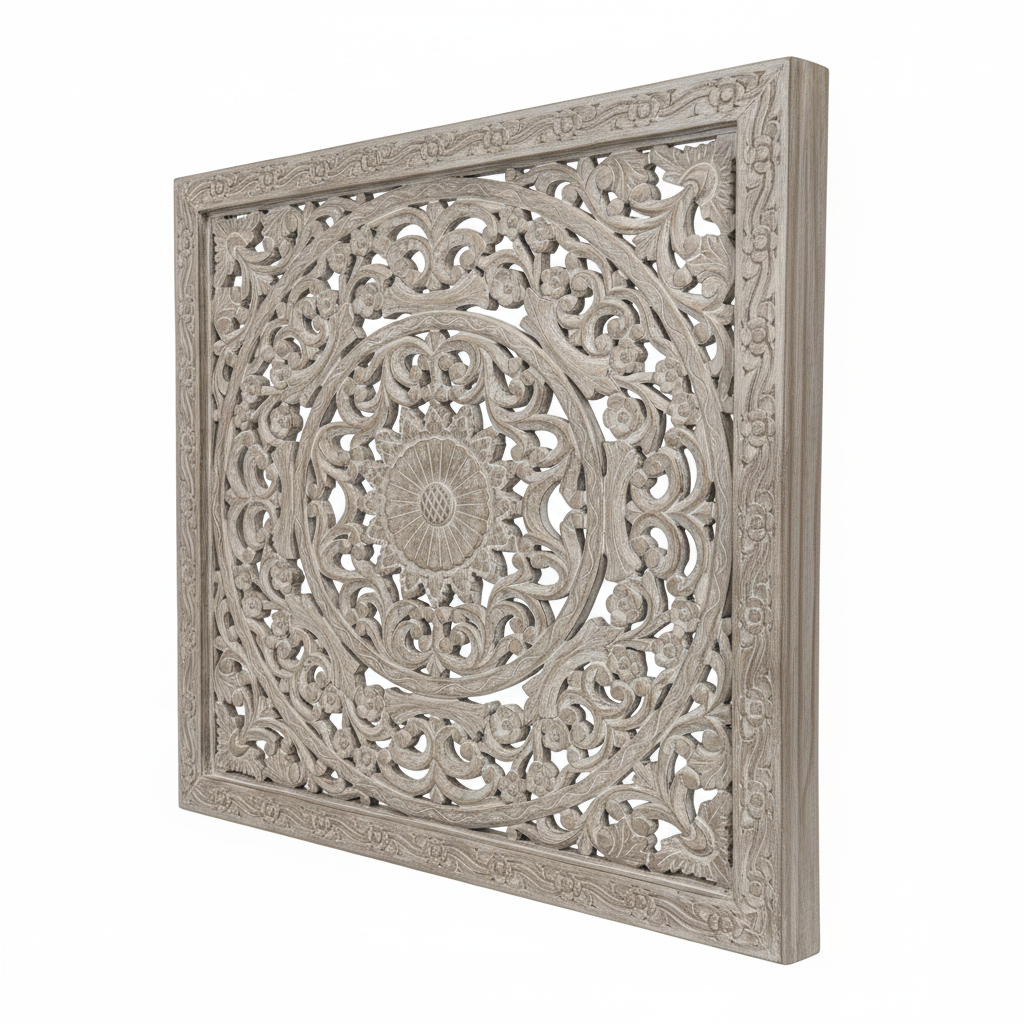 Hand-carved grey-silver jali mandala wall panel – left angle white background