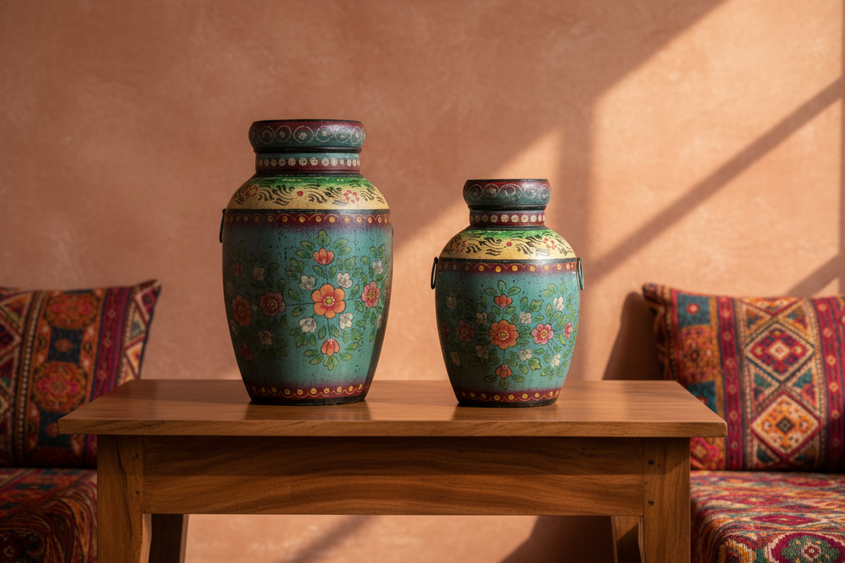 Two teal floral metal urn vases on warm timber console in Rajasthani living room
