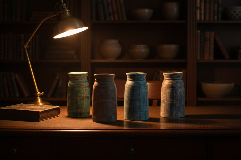 Four distressed colour-wash wood vases in moody dark-walled study with amber lamp light