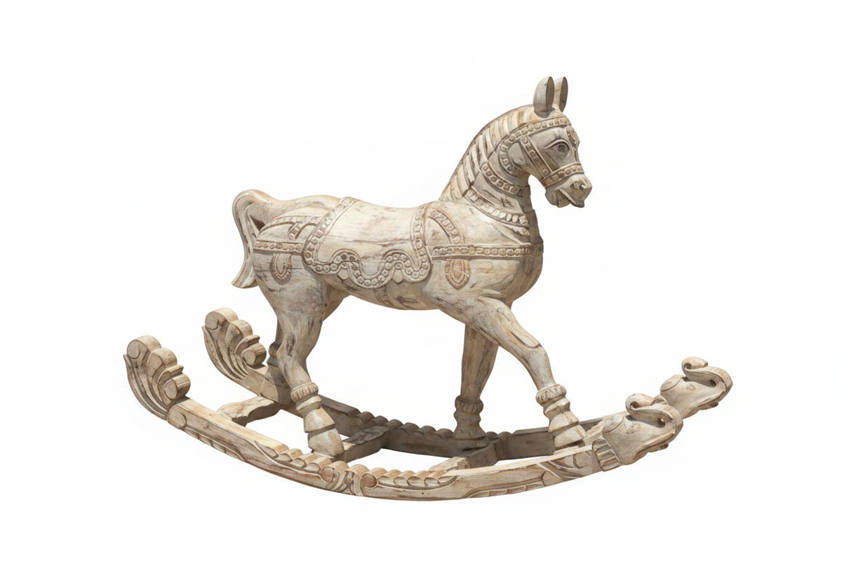 Hand-carved antique whitewash rocking horse – front-left angle white background