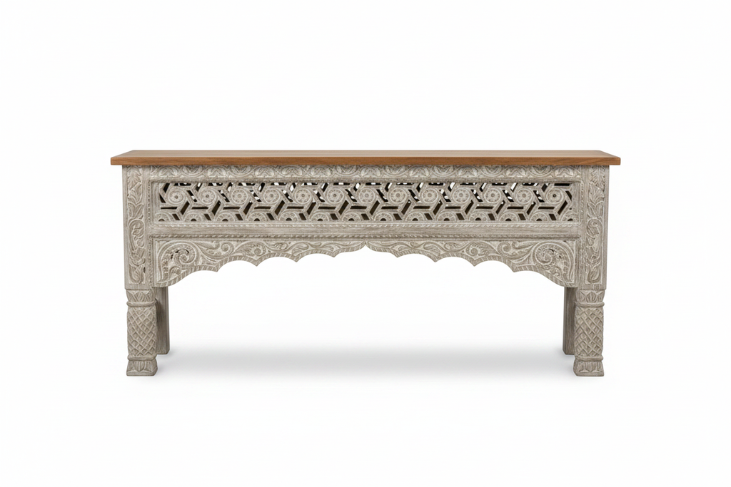 Hand-carved whitewash fretwork console table – front view white background