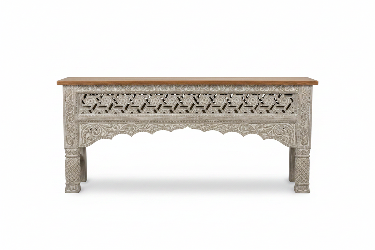 Hand-carved whitewash fretwork console table – front view white background