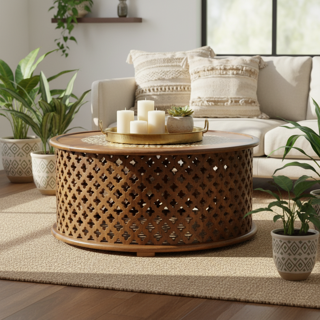 Bone inlay drum coffee table – bohemian living room with plants