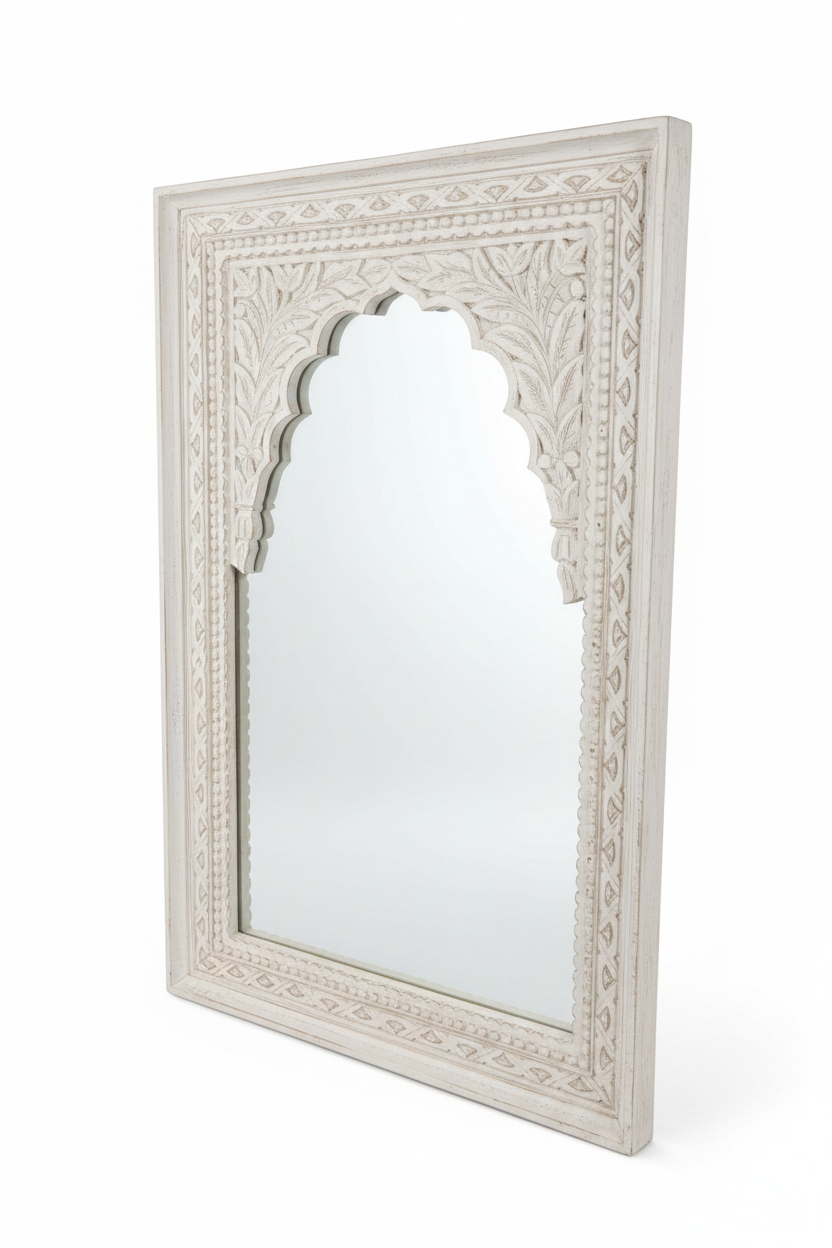 Hand-carved antique white Jharokha mirror – angled view white background