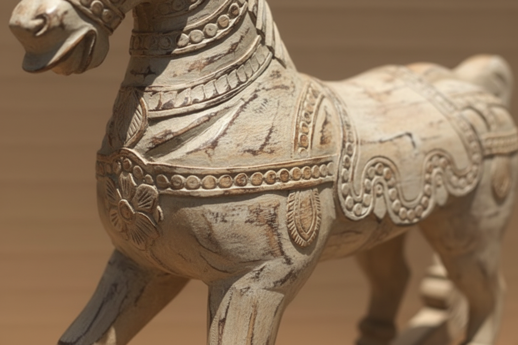 Close-up of hand-carved decorative harness and medallion chest piece on whitewash rocking horse