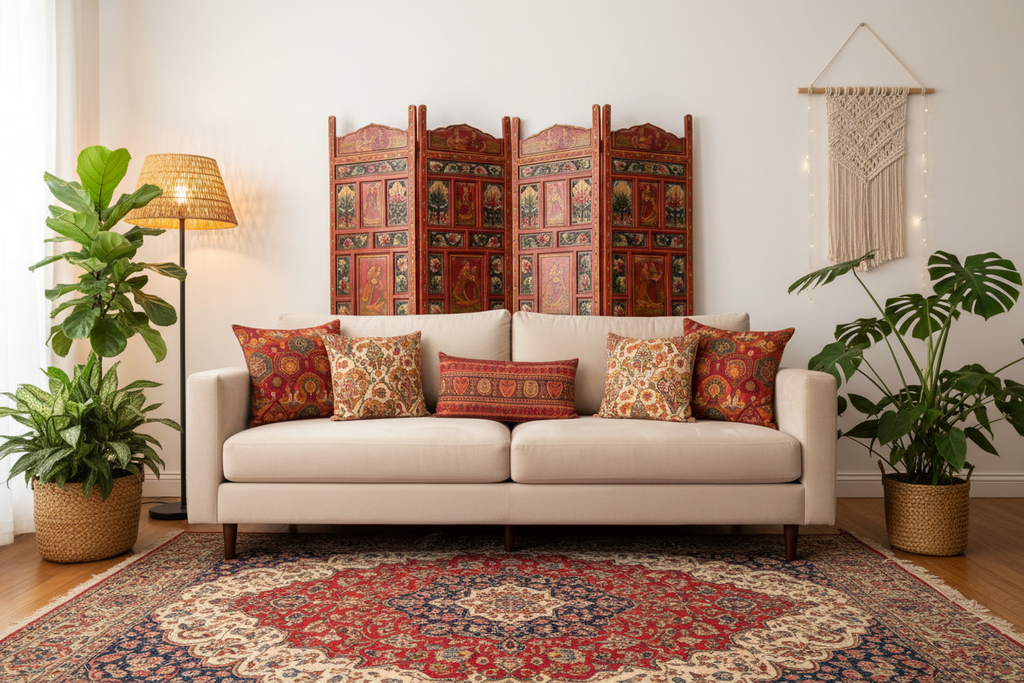 Hand-Painted Rajasthani Room Divider as decorative backdrop in boho living room