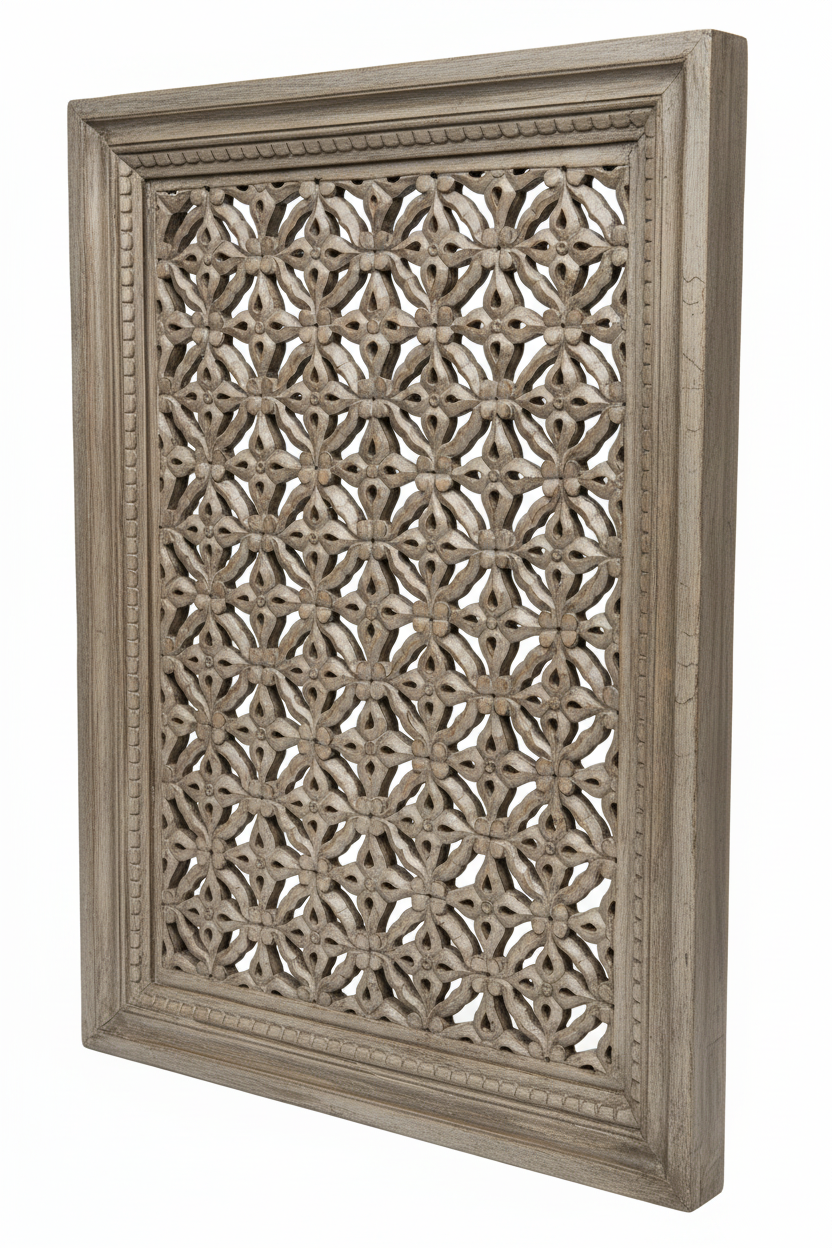 Antique grey-silver framed jali wall panel – elevated three-quarter white background