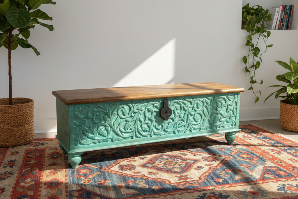Hand-carved turquoise mango wood storage trunk – right angle in bohemian living room