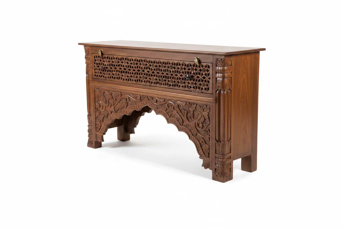 Hand-carved natural mango wood console table – left angle white background