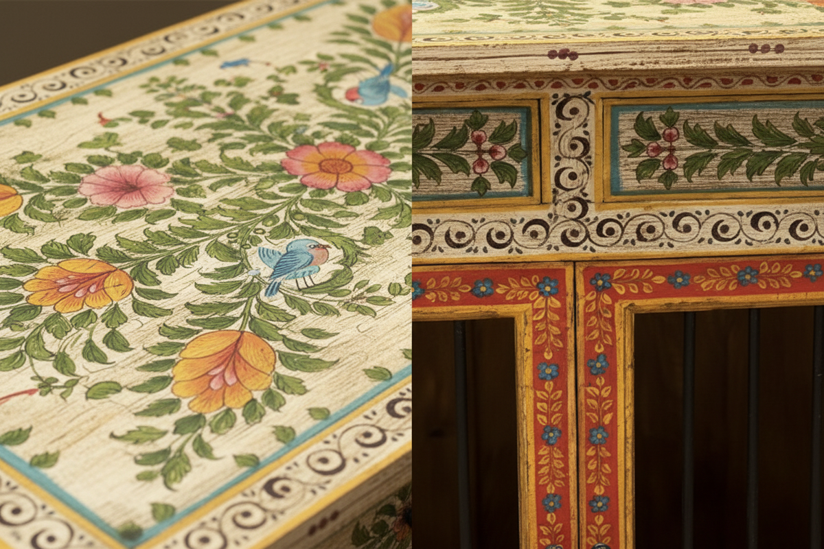 Split close-up: full-width garden scene top and ivory spiral vine with terracotta packed floral border