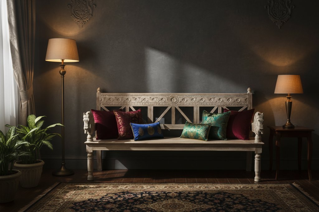 Rajasthani Empire bench – moody palatial dark room with coloured cushions