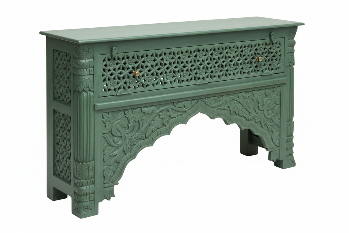 Hand-carved sage green console table – left angle white background