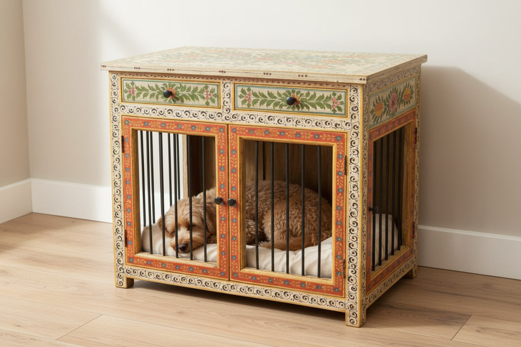 Ivory spiral vine Rajasthani dog kennel in bright airy room with wooden floor and relaxing dog
