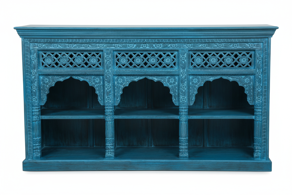 Hand-carved cobalt blue triple arch media console – front view white background