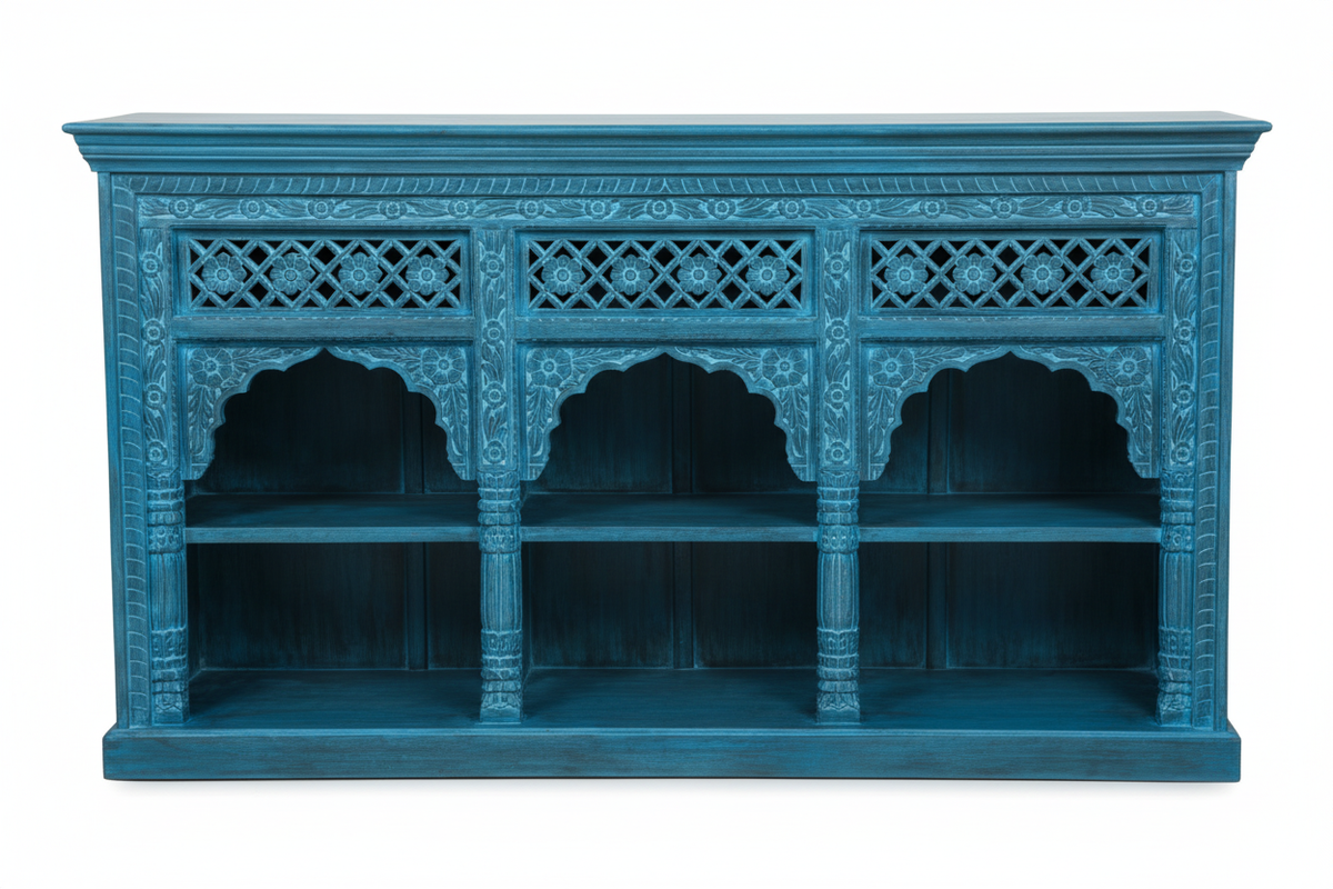 Hand-carved cobalt blue triple arch media console – front view white background