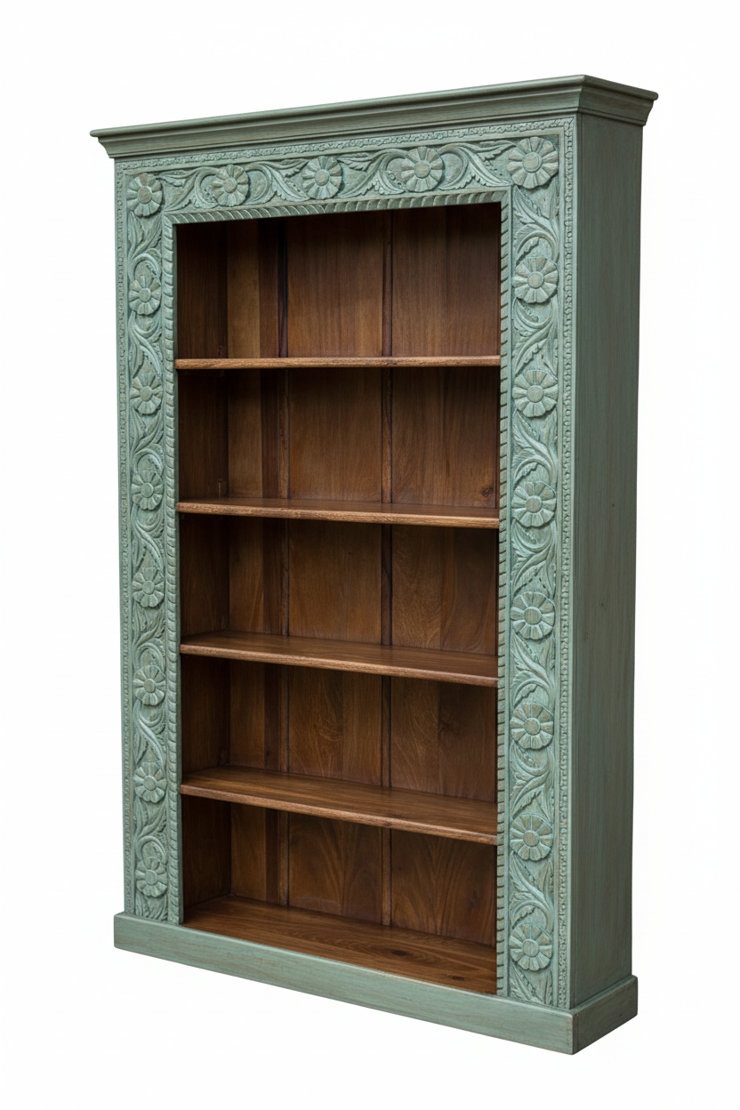 Teal carved bookcase – elevated three-quarter white background