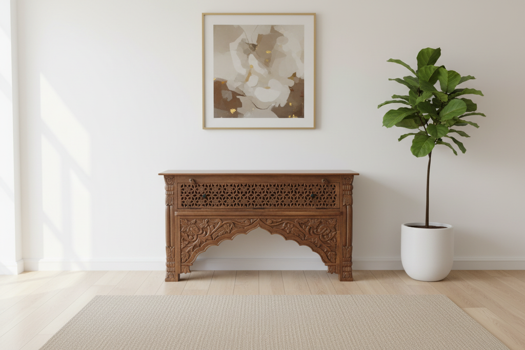 Hand-carved natural mango wood console table – minimalist hallway