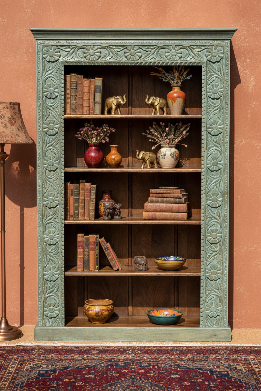 Teal carved bookcase – Rajasthani living room with terracotta wall and styled shelves