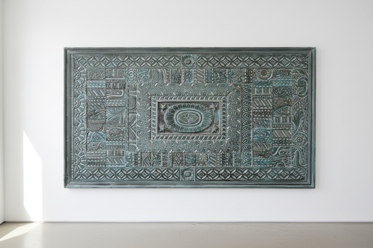 Geometric teal wall panel – minimalist white gallery hallway centred on wall