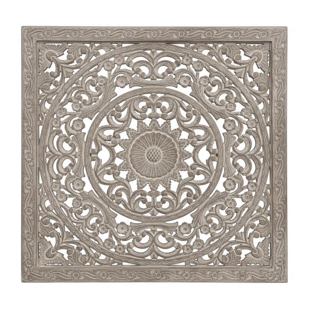 Hand-carved grey-silver jali mandala wall panel – front view white background