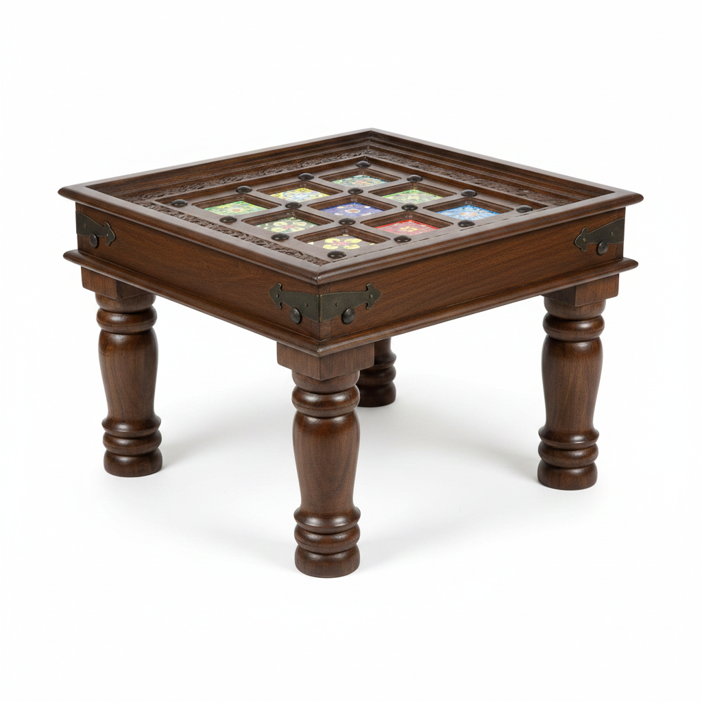 Blue Pottery tile-top side table – 3/4 elevated angle white background