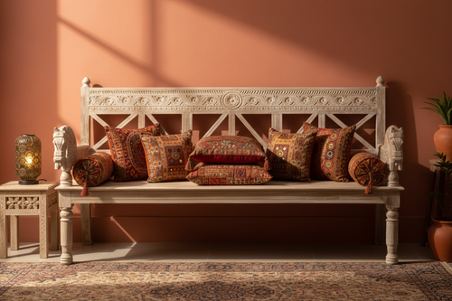 Rajasthani Empire bench – Rajasthani living room with layered cushions