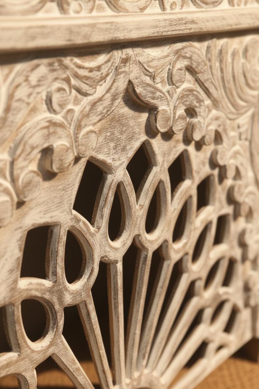 Close-up of hand-carved sunburst fretwork door and floral scroll border on whitewash cabinet