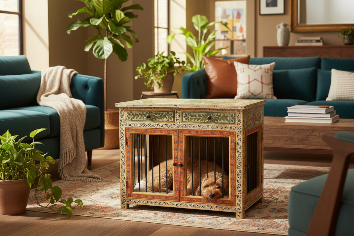 Ivory spiral vine Rajasthani dog kennel in warm eclectic living room with dog resting inside