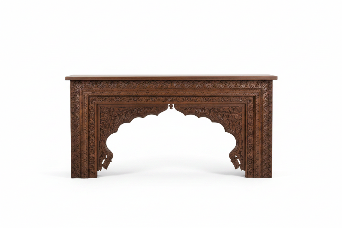 Hand-carved Mughal arch console table – front view white background