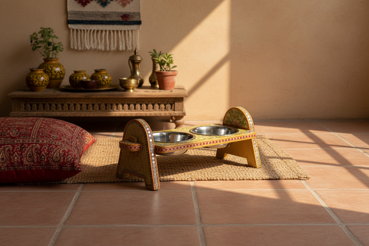 Butter yellow arch-leg Rajasthani dog bowl stand in warm Rajasthani living room with earthy textiles