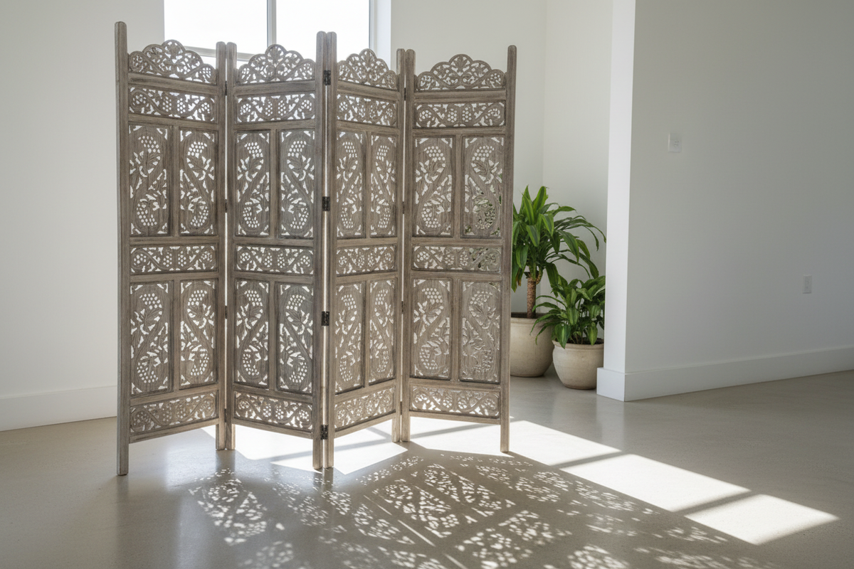 Whitewash floral vine room divider – minimalist entryway with floral shadow patterns