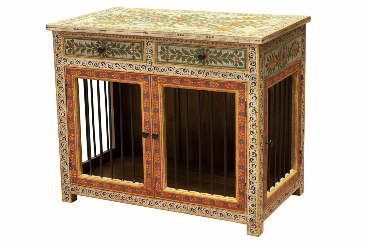 Ivory spiral vine Rajasthani dog kennel elevated three-quarter showing garden scene top on white background